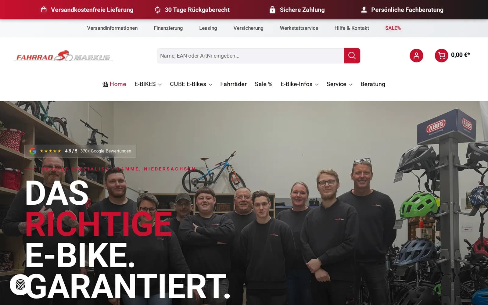Startseite von fahrrad-markus.de mit Team-Foto und 4,9/5 Google-Bewertungen