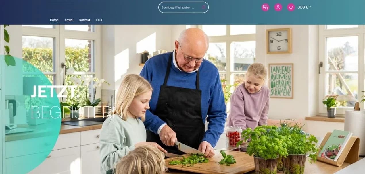 Interner Werbemittel-Shop: Startseite mit Suche, Warenkorb und Kampagnen-Motiv