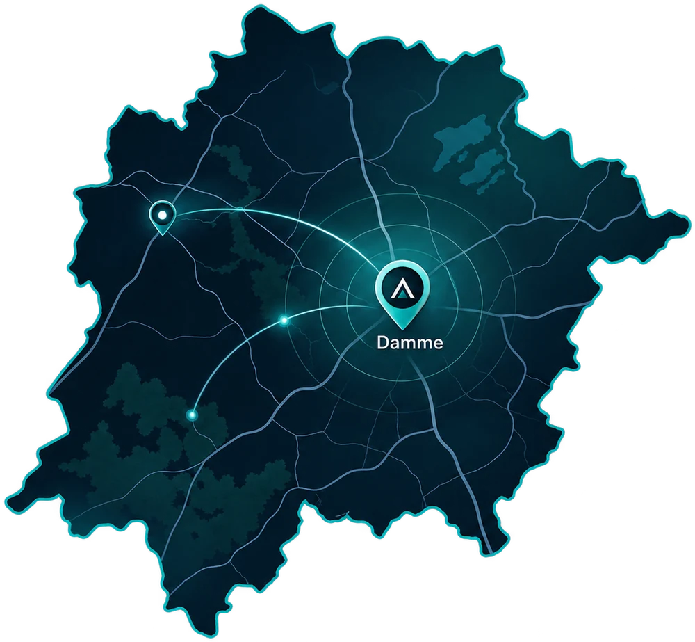 Illustrierte Karte der Region rund um Damme mit dem Standort als Mittelpunkt